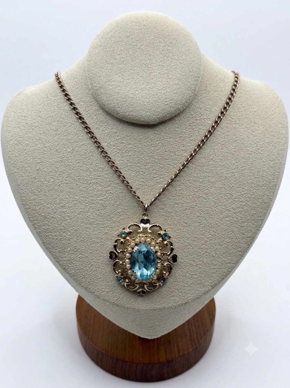 Vintage Victorian Gold-Tone Pendant Necklace with Aqua Stones and Seed Pearls